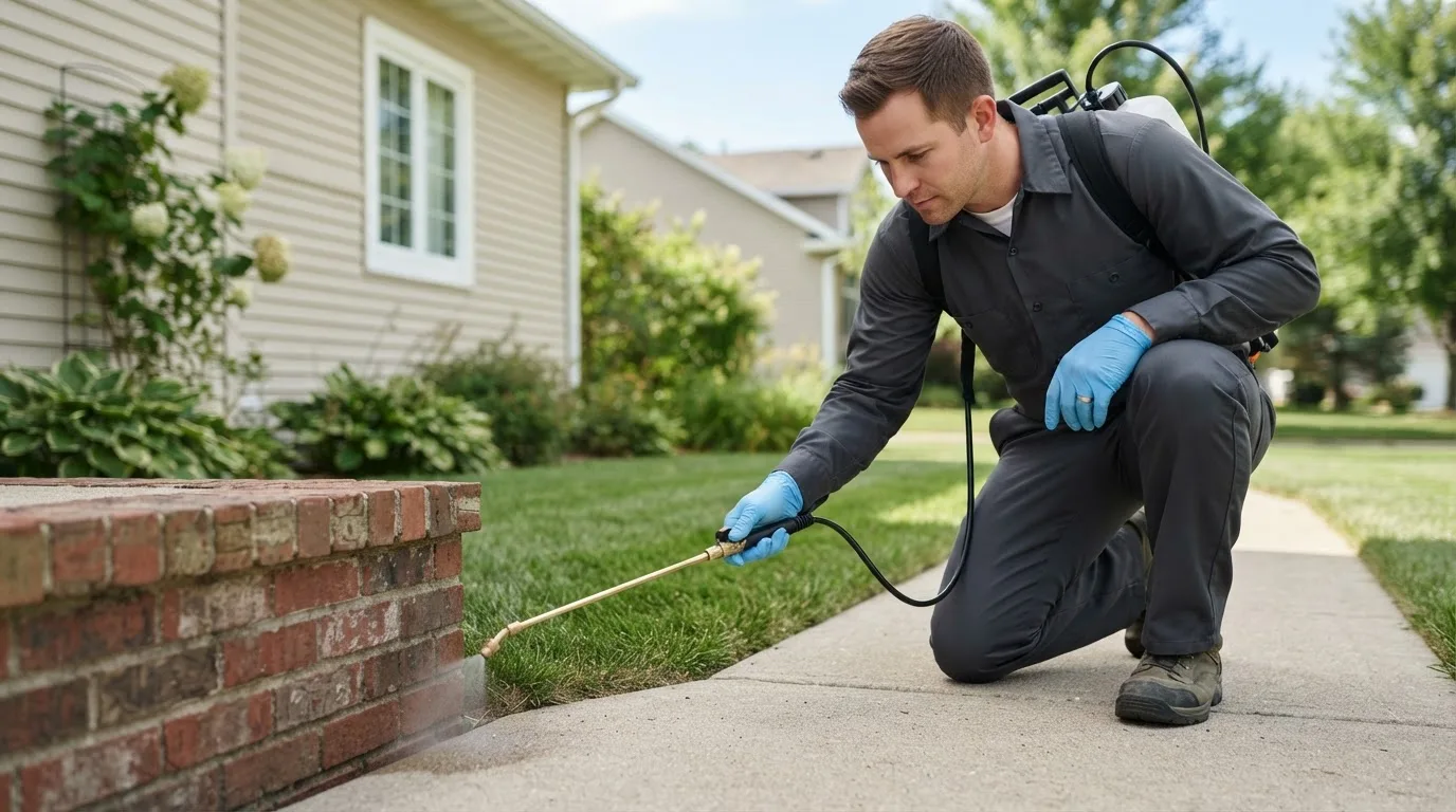 Pest control technician treating a home near Meadow, UT